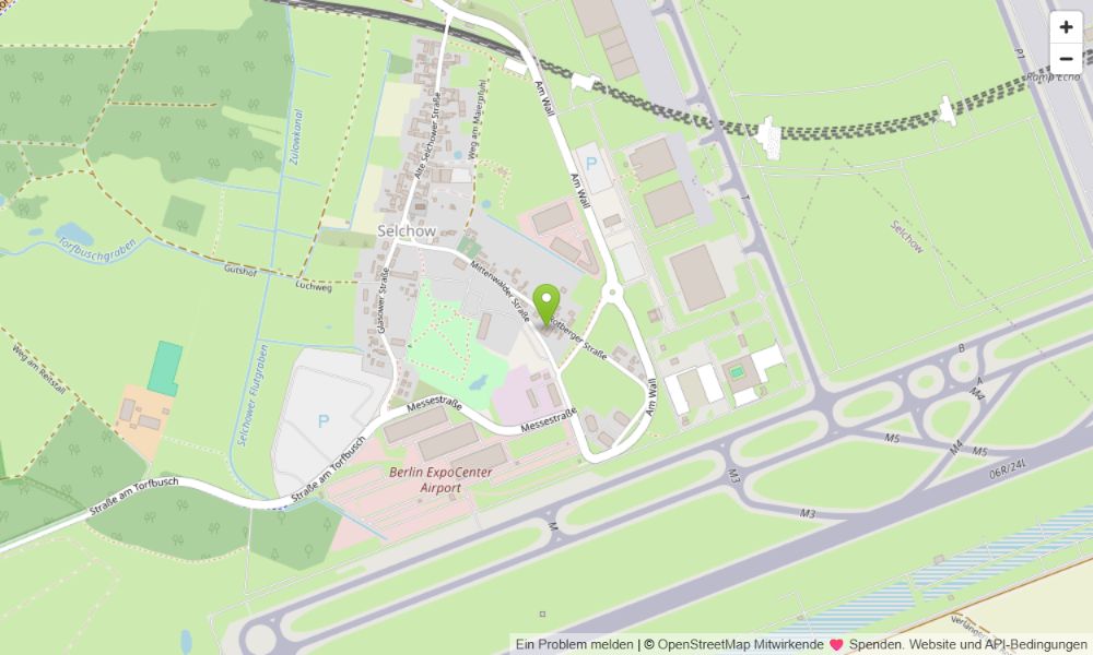 Kartenausschnitt von Selchow mit Standortmarkierung an der Rotberger Stra&szlig;e 3b, n&ouml;rdlich des Berlin ExpoCenter Airport